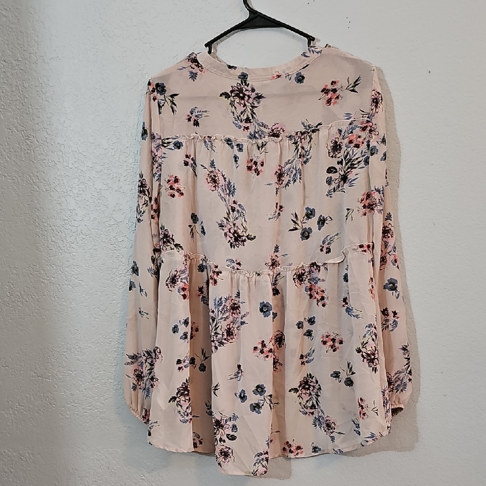 Knox Rose Blush Pink Floral Sheer Top with Ruffle Detail Womens Large - Picture 6 of 9